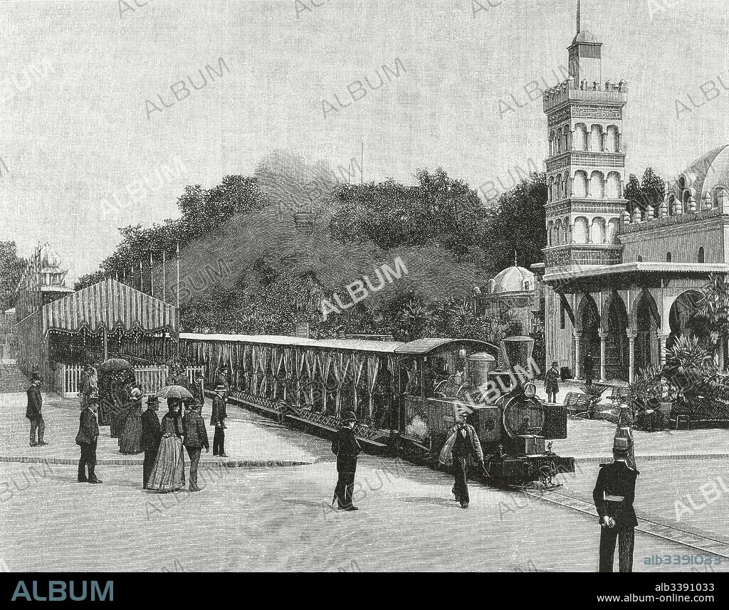Francia. Exposición Universal de París 1889. Celebrada para conmemorar el centenario de la Revolución de 1789. Tren del ferrocarril Decauville en la estación de salida, explanada de los Inválidos. Grabado del año 1889.
