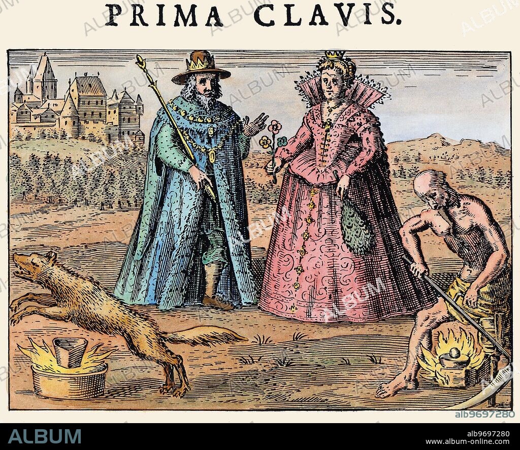 ALCHEMY - TWELVE KEYS - KING - QUEEN - WOLF. The First Key of Basil Valentine, from Practica cum Duodecim Clavibus in the Tripus Aureus of Michael Maier, 1618. The King and Queen are the staple symbols of the animus and anima within man (the true object of the alchemical search), or the Gold and Silver of the spagyric art. The three flowers held by the Queen indicate that the process of purification must be carried out three times. The wolf is said to represent both Mars and Antimony: it is leaping over one of the more mysterious of the alchemical symbols - the thee-sided container. This is probably yet another symbol of Man, for all humans are (in the alchemical vision) three-sided, or three-brained, with Salt the substance of the Mind, Sulphur the substance of the sexual energies, and Mercury the emotions that reconcile the two. Old Man Saturn is working the fire, between his legs - fire being one of the symbols of Sulphur. The identity of Basil Valentine is not known, though he tells us in one of his works that he comes from the Rhineland, and spent some of his youth in England and Belgium. He was a Benedictine monk in the monastery of St. Peter at Erfurt - some records refer to him being in that monastery in 1413. His name is said to be a play on the Greek Basileus (King) and the Latin Valens (Powerful), which is in turn a play on one of the alchemical names for the Lapis, or Stone of the Philosophers, which is the powerful stone of kings.