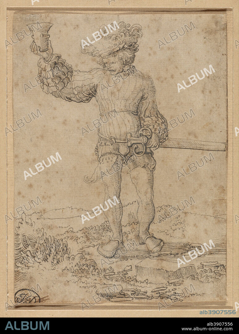 CIRCLE OF WOLF HUBER. Mercenary Soldier in a Landscape. Date/Period: Ca. 1515. Drawing. Pen and brown ink. Height: 145 mm (5.70 in); Width: 108 mm (4.25 in).