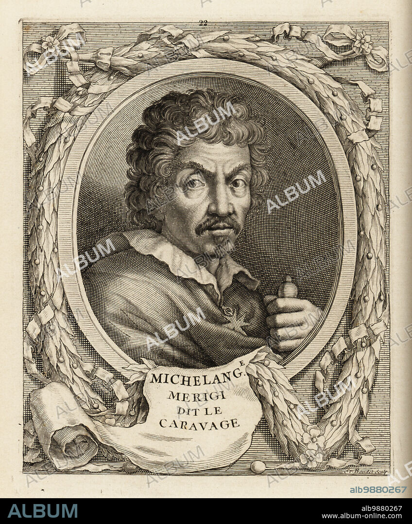 Portrait of Michelangelo Merisi da Caravaggio, Italian painter, 1571-1610. Michelange Merigi dit le Caravage. Copperplate engraving by Etienne Baudet after a self-portrait by Caravaggio, late 17th century.