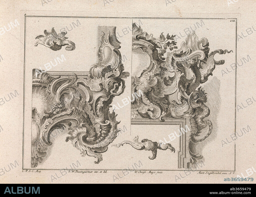 Suggestion for the Decoration of Lower Right and Top Right of an Altar Frame, Plate 4 from an Untitled Series with Rocailles Ornaments for Altar and Door Frames. Artist: After Johann Wolfgang Baumgartner (German, Kufstein 1712-1761 Augsburg). Dimensions: Overall: 8 7/16 × 13 3/4 in. (21.5 × 35 cm). Engraver: Wolffgang Christoph Mayr (German, active Kassel and Augsburg (?), ca. 1740-1770). Publisher: Martin Engelbrecht (German, Augsburg 1684-1756 Augsburg). Date: Printed ca. 1750-56.
Page from an album containing 27 series with a total of 122 ornament prints from the fund of the prominent Augsburg publisher Martin Engelbrecht. The binding describes the content as cartouches (after the first series in the album) but it is much more varied, ranging from rocaille ornament and cartouches to designs for altars and pulpits, as well as allegorical compositions in which rococo ornament is featured, all by well-known Rococo designers working in Augsburg.