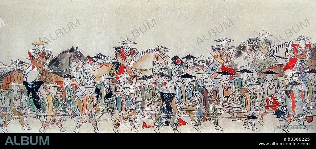 Japan: 'Samurai troops in the Second Choshu expedition'. Anonymous painting, 1865.<br/><br/>. The Second Choshu expedition, also known as the Summer War, was a punitive expedition led by the Tokugawa shogunate against the Choshu Domain, following the First Choshu expedition of 1864. The expedition was announced on 6 March 1865 but did not commence until 7 June 1866, starting with the bombardment of Suo-Oshima in Yamaguchi Prefecture.