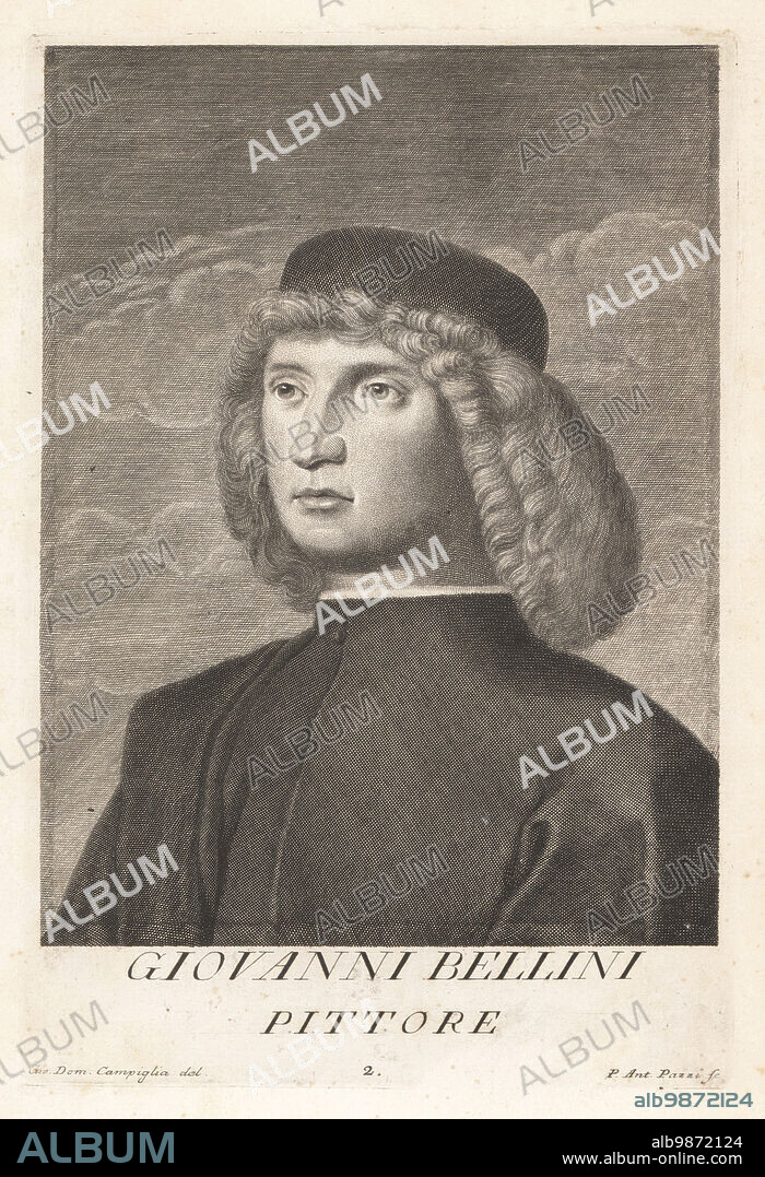 Giovanni Bellini, Italian Renaissance painter, c.1430-1516. Probably the best known of a family of Venetian painters, son of Jacopo Bellini, younger brother of Gentile Bellini. Wearing cap and tunic, long curly hair. Copperplate engraving by Pietro Antonio Pazzi after Giovanni Domenico Campiglia after a self portrait by the artist from Francesco Moucke's Museo Florentino (Museum Florentinum), Serie di Ritratti de Pittori (Series of Portraits of Painters) stamperia Mouckiana, Florence, 1752-62.