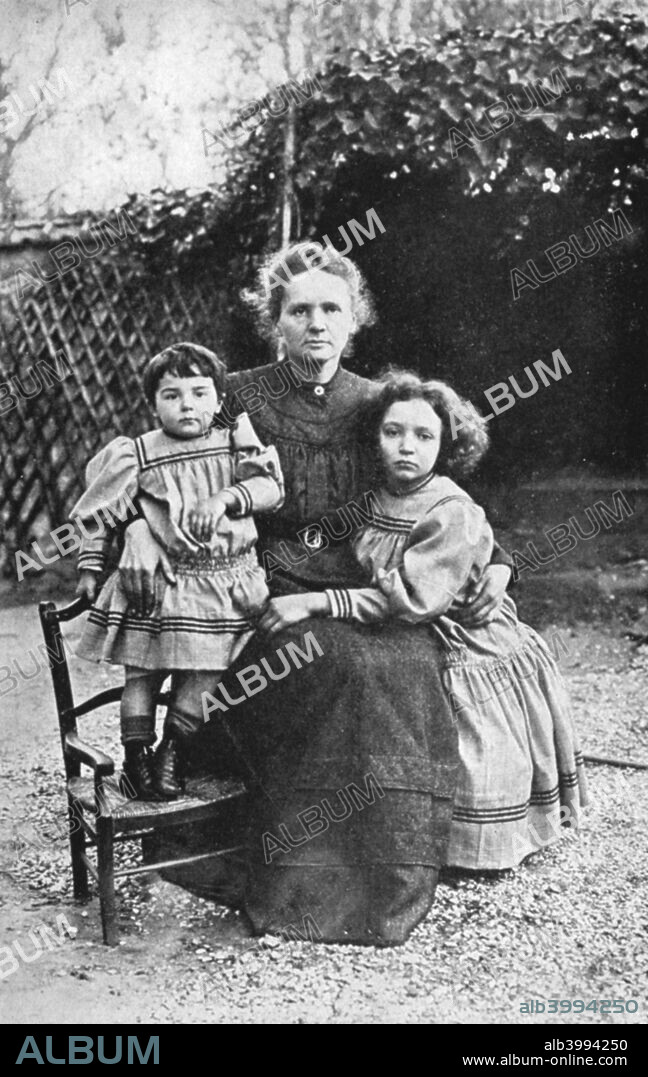 Marie Curie, Polish-born French physicist, with her daughters Eve and Irene, 1908. Marie Curie (1867-1934) and her husband Pierre continued the work on radioactivity started by Henri Becquerel. In 1898, they discovered two new elements, polonium and radium. Marie did most of the work of producing these elements, and to this day her notebooks are still too radioactive to use. She went on to become the first woman to be awarded a doctorate in France, and continued her work after Pierre's death in 1906. In 1903 the Curies shared the Nobel Prize for Physics with Becquerel. Marie won a second Nobel Prize, for chemistry, in 1911. Irene followed her parents into science, winning the Nobel Prize for Chemistry in 1935 for her work on the synthesis of new radioactive elements, while Eve became a journalist and author, writing a best-selling biography of her mother.