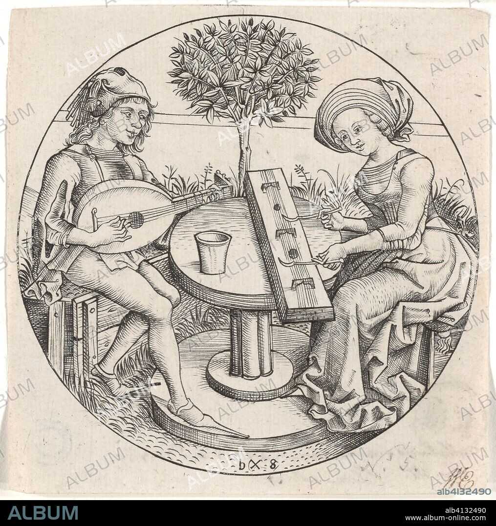 MASTER B X G. The Music Making Couple. Master bxg; German, active ca. 1470-90. Date: 1470-1480. Dimensions: 89 mm (plate); 95 x 92 mm (sheet). Round engraving on ivory laid paper. Origin: Germany.