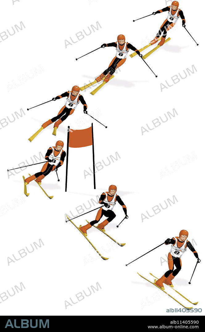 Also used in downhill and in Super-G, the skier makes this turn with his knees bent, chest slightly forward, and feet and arms apart. The weight is kept on the inside edge of the outside ski. The inside ski is mainly used to maintain balance. The aim is to execute the turns at maximum speeds. The skier uses the entire length of the ski edge to execute a strong carving turn.