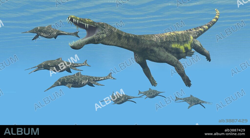 A large Nothosaurus aquatic reptile preys on Shonisaurus Ichthyosaurs in Triassic seas.
