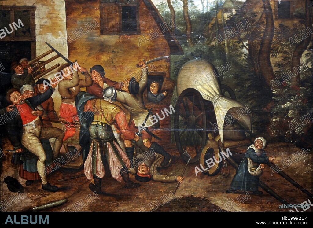 ARTE RENACIMIENTO. ALEMANIA. Pieter Brueghel el Joven (1564-1638). Pintor renacentista del Condado de Brabante. "Enfrentamiento entre campesinos y soldados". Museo de Bellas Artes. Budapest. Hungría.
