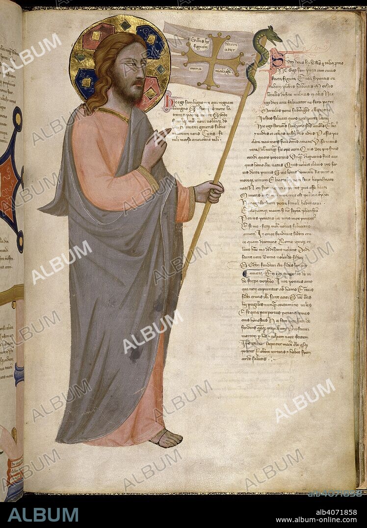 Miniature of Christ holding a labarum with a serpent at the top. Address in verse to Robert of Anjou, King of Naples, from the town of Prato in Tuscany (the 'Regia Carmina'). Italy, Central (Tuscany); c. 1335-c. 1340. Source: Royal 6 E. IX, f.9. Language: Latin.