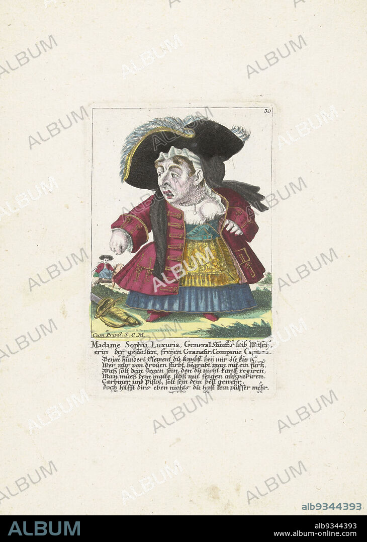 The dwarf Madame Sophia Luxuria, c. 1710, Madame Sophia Luxuria, General Staabs leib Wäscherin der gestuzten, freijen Granatir-Companie Capitana (title on object), Il Callotto resurcitato oder Neu eingerichtes Zwerchen Cabinet (series title), The dwarf Madame Sophia Luxuria. In the caption below the title, a four-line verse in German. Numbered top right: 30. Part of a loose-leaf edition from c. 1710 of a series of caricatures featuring dwarfs, known as The Dwarf Stage., print maker: Martin Engelbrecht (attributed to), unknown (mentioned on object), Augsburg, 1705 - 1715, paper, etching, engraving, height 170 mm × width 110 mmheight 320 mm × width 225 mm.
