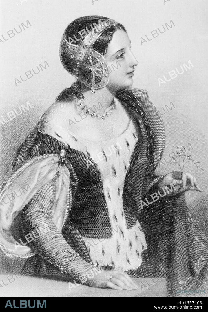 Isabella of France, 1292-1358. Queen consort of Edward II of England and mother of Edward III of England.Engraved by H.C.Austin after J.W.Wright. From the book "The Queens of England, Volume I" by Sydney Wilmot. Published London circa. 1890.