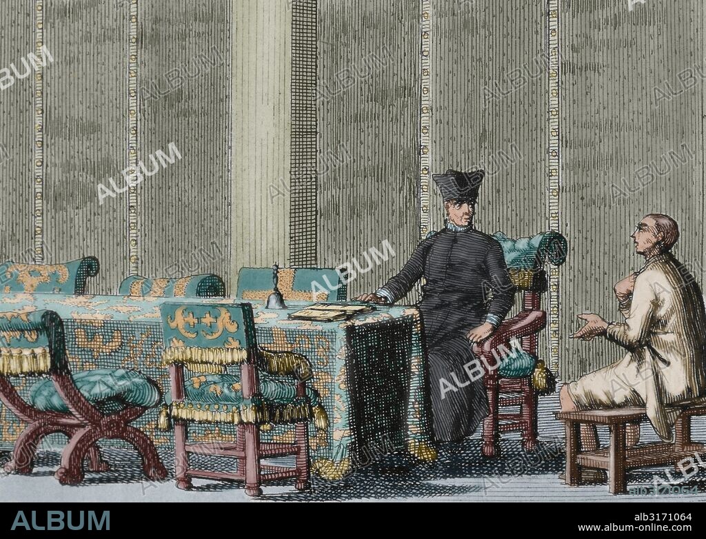 "TRIBUNAL DE LA INQUISICION. MESA DE LA INQUISICION. INQUISIDOR INTERROGANDO A UN ACUSADO". Grabado del año 1692. Coloreado.