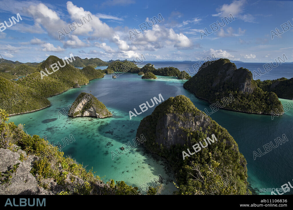 Aerial view of lagoon and karst limestone formations in Wayag Island, Raja Ampat, West Papua, Indonesia, Southeast Asia, Asia.