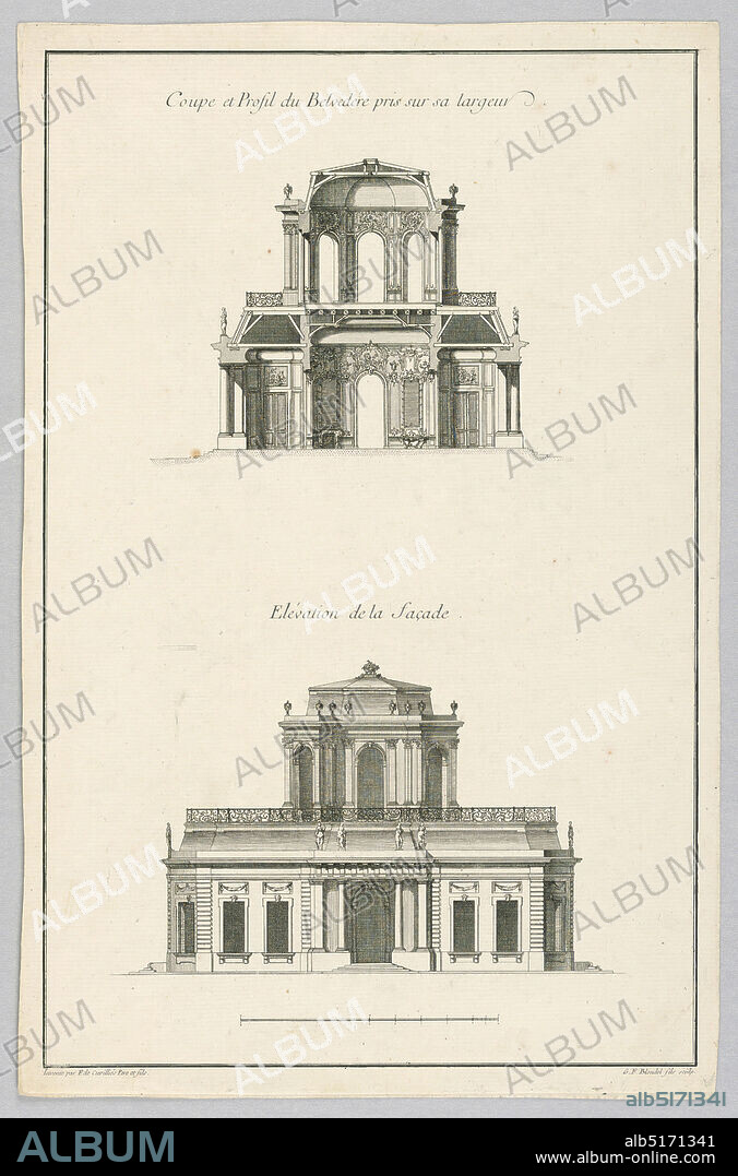 Section and Side View of a Belvedere; Elevation of the Facade, François de Cuvilliés the younger, German, 1731 - 1777, George Francois Blondel, French, 1730 - 1791, François de Cuvilliés the Elder, Belgian, active Germany, 1695 - 1768, Engraving on paper, Europe, France, Europe, 18th century, Print, Print.