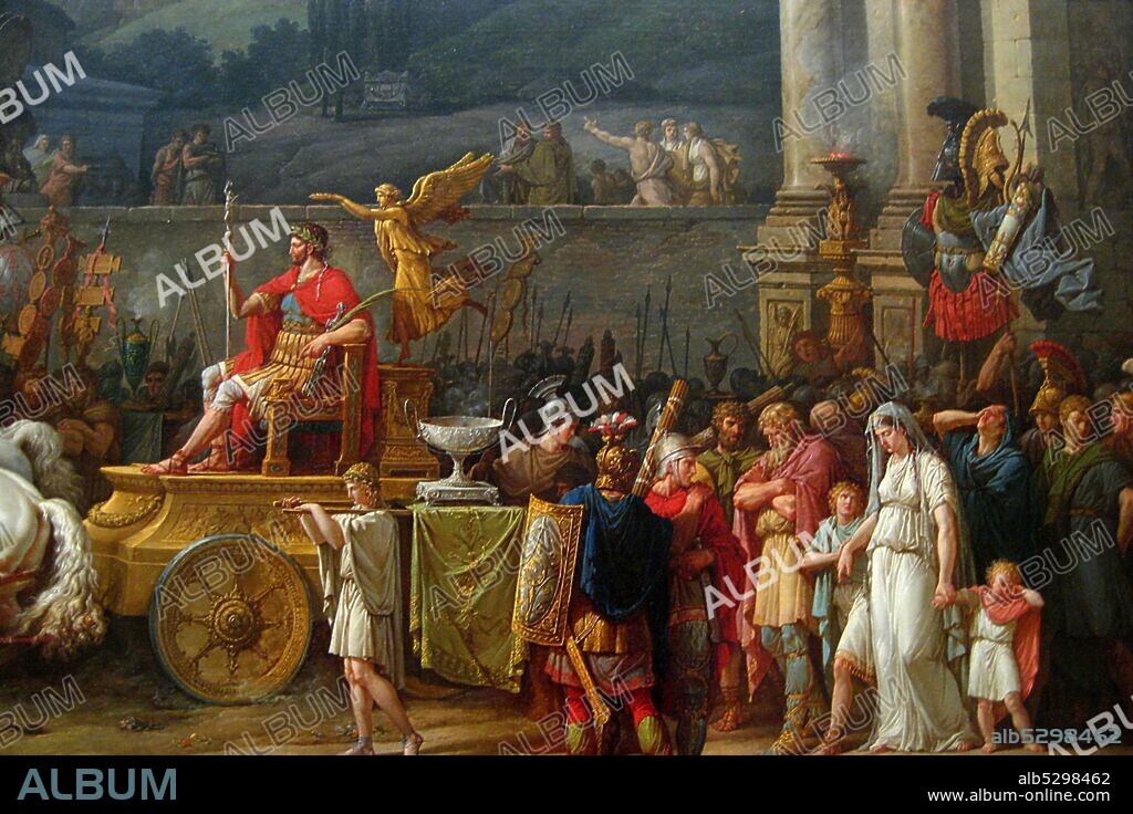The Triumph of Aemilius Paulus, 1789; procession celebrating the victory of the Roman general Aemilius Paulus over King Perseus of Macedonia in 168 B.C. Aemilius is shown on the gold chariot on the right followed by prisoners, among whom is Perseus with his family. The temple of Jupiter Capitolinus with its hundred steps dominates the background.  Antoine Charles Horace Vernet aka. Carle Vernet (14 August 1758 – 17 November 1836) was a French painter, the youngest child of Claude Joseph Vernet, and the father of Horace Vernet..