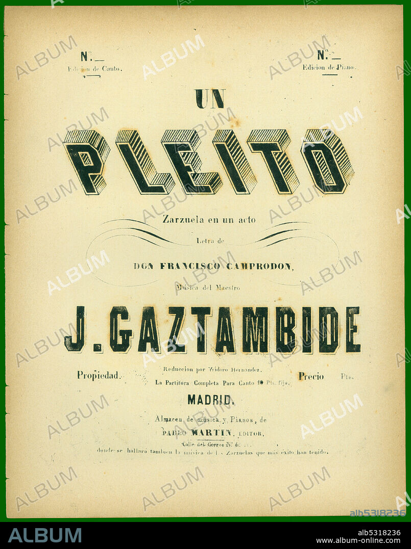 Partitura musical de la zarzuela Un pleito, de J. Gaztambide. Año 1900.