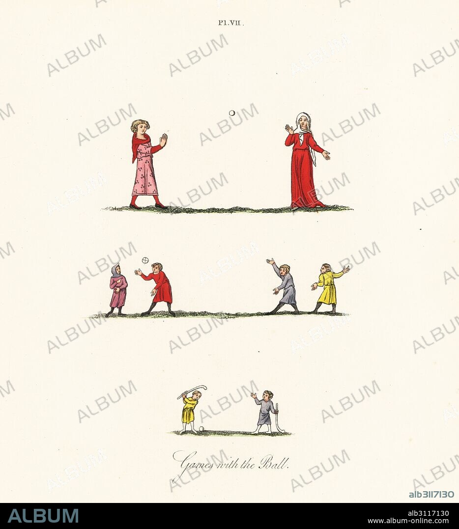 Man and woman playing handball, 14th century (top), two teams playing balloon ball, 14th century (middle), and men playing golf or bandy-ball, 14th century (bottom). Handcoloured lithograph by Joseph Strutt from his own Sports and Pastimes of the People of England, Chatto and Windus, London, 1876.