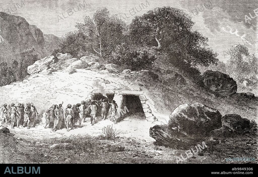 A tumulus, aka barrow, burial mound or kurgan, a mound of earth and stones raised over a grave or graves during the Neolithic Age, New Stone Age or Age of the Polished Stone. From L'Homme Primitif, published 1870.