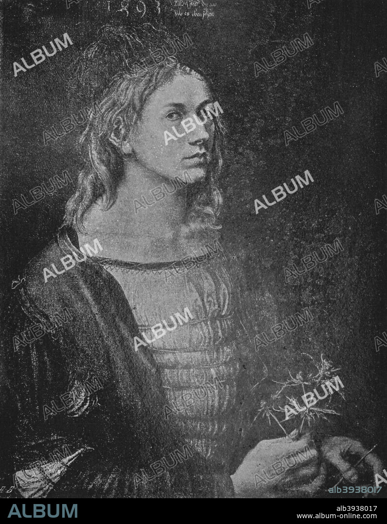 'Portrait of the artist holding a thistle', 1493, (1906). The painting is held by the Musée du Louvre, Paris. From The Engravings of Albert Durer, by Lionel Cust. [Seeley and Co. Limited, London, 1906].