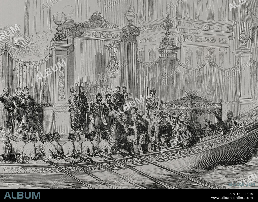 Guerra Ruso-Turca (1877-1878). Constantinopla. Visita del gran duque Nicolás (1831-1891) al sultán en su palacio de Palacio de Dolmabahçe. Es recibido por Ahmed Vefyk Pasha (1823-1891) y Raouf Pasha. Grabado. "La Guerra de Oriente". Tomo III. 1878.