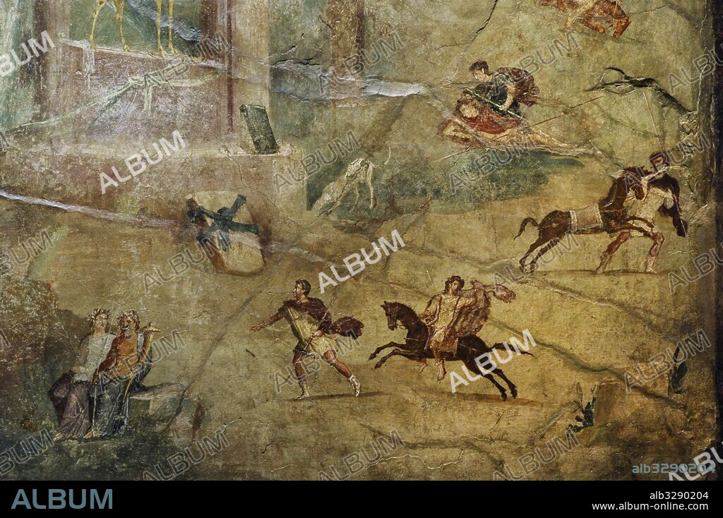 Matanza de los nióbidas. Detalle. Fresco romano. 20 a. C. -37. Casa del Marinero, Pompeya. Museo Arqueológico Nacional. Nápoles. Italia.