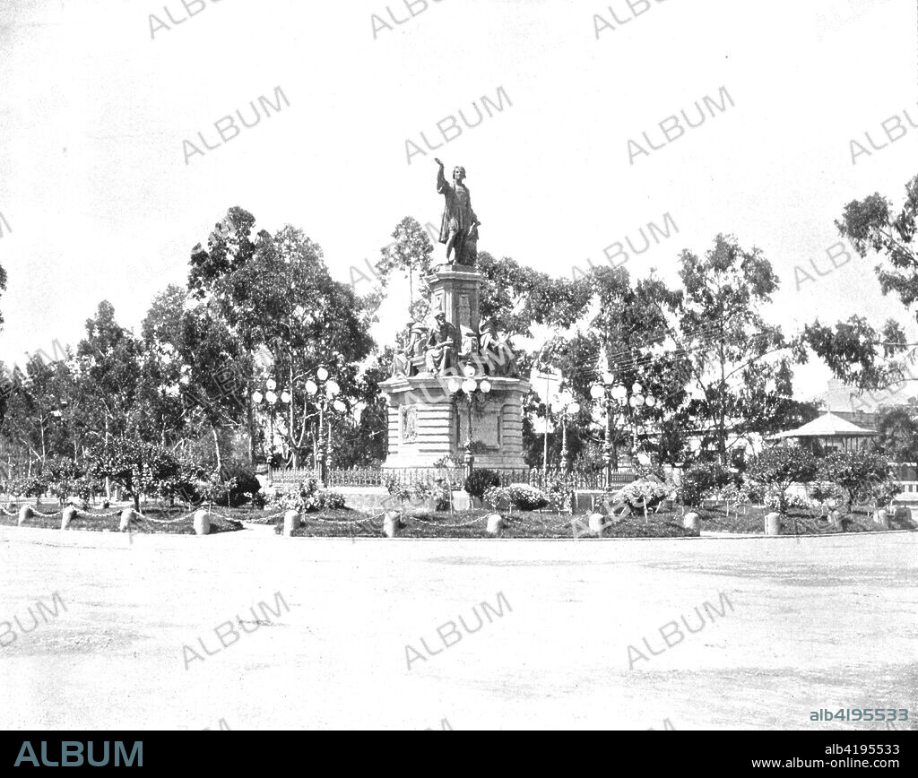 Statue of Columbus on the Paseo, Mexico City, Mexico, c1900. Statue of Italian explorer, navigator, and colonist Christopher Columbus (1451-1506)  by Charles-Henri-Joseph Cordier. Columbus led the first European expeditions to the 'New World', resulting in the European colonisation of the Americas. From Scenic Marvels of the New World edited by Prof. Geo.R. Cromwell. [C.N.Greig & Co., c1900].