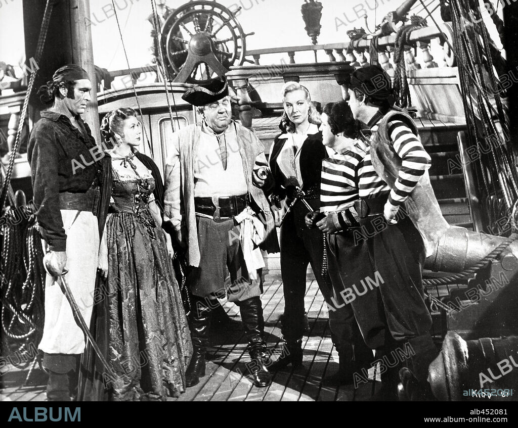 BUD ABBOTT, CHARLES LAUGHTON, FRAN WARREN, HILLARY BROOKE and LOU COSTELLO in ABBOTT AND COSTELLO MEET CAPTAIN KIDD, 1952, directed by CHARLES LAMONT. Copyright WARNER/WOODLEY.