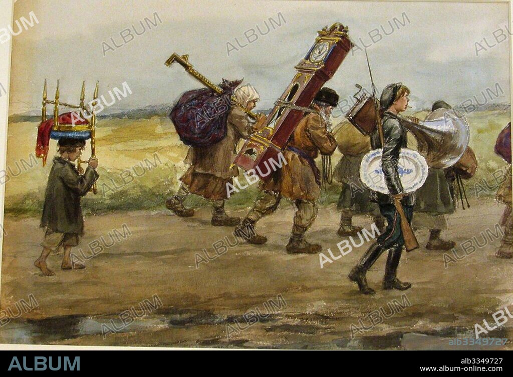 IVAN ALEXEYEVICH VLADIMIROV. Peasants returning home after pillaging a country house of a rich landlord (from the series of watercolors Russian revolution).
