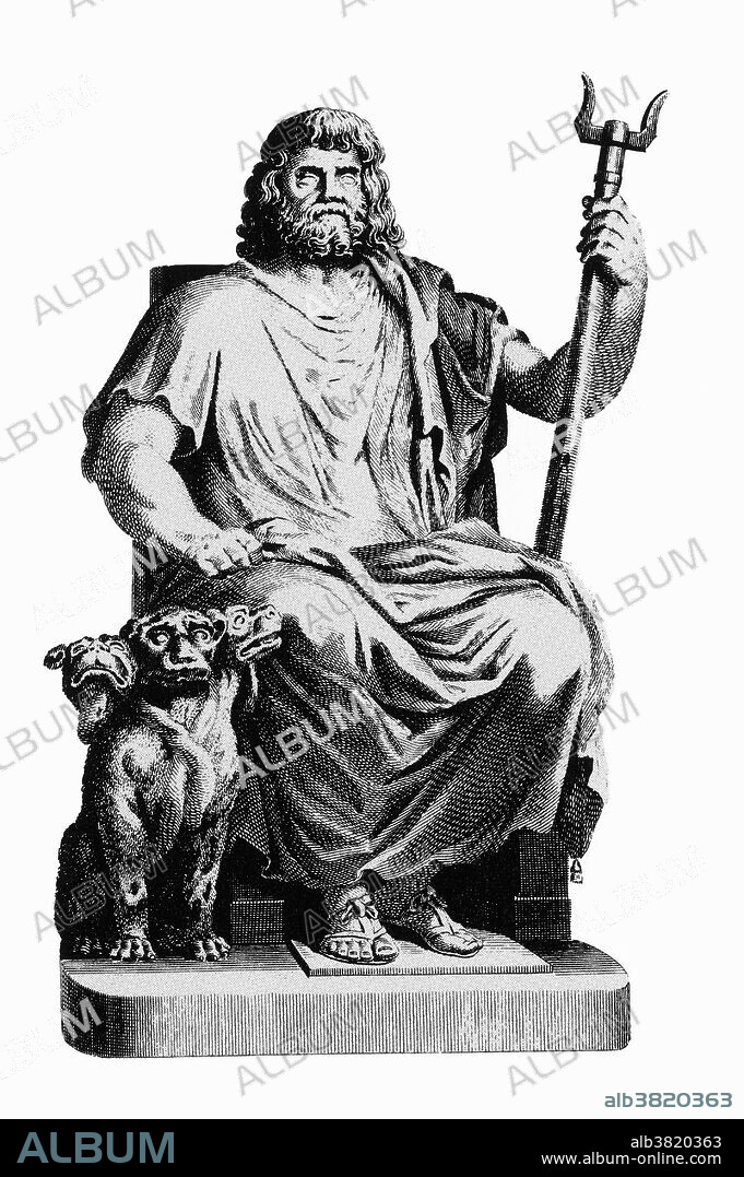 Pluto was the ruler of the underworld in classical mythology. The earlier name for the god was Hades, which became more common as the name of the underworld as a place. In ancient Greek religion and myth, Pluto represents a more positive concept of the god who presides over the afterlife. Pluto and Hades differ in character, but they are not distinct figures and share their two major myths. In Greek cosmogony, the god received the rule of the underworld in a three way division of sovereignty over the world, with his brothers Zeus ruling Heaven and Poseidon the Sea. Pluto (genitive Plutonis) is the Latinized form of the Greek Plouton. Pluto's Roman equivalent is Dis Pater. Under the name Pluto, the god appears in other myths in a secondary role, mostly as the possessor of a quest-object, and especially in the descent of Orpheus or other heroes to the underworld. Cerberus in Greek and Roman mythology, is a multi-headed (usually three-headed) dog, or hellhound with a serpent's tail, a mane of snakes, and a lion's claws. He guards the entrance of the underworld to prevent the dead from escaping and the living from entering.