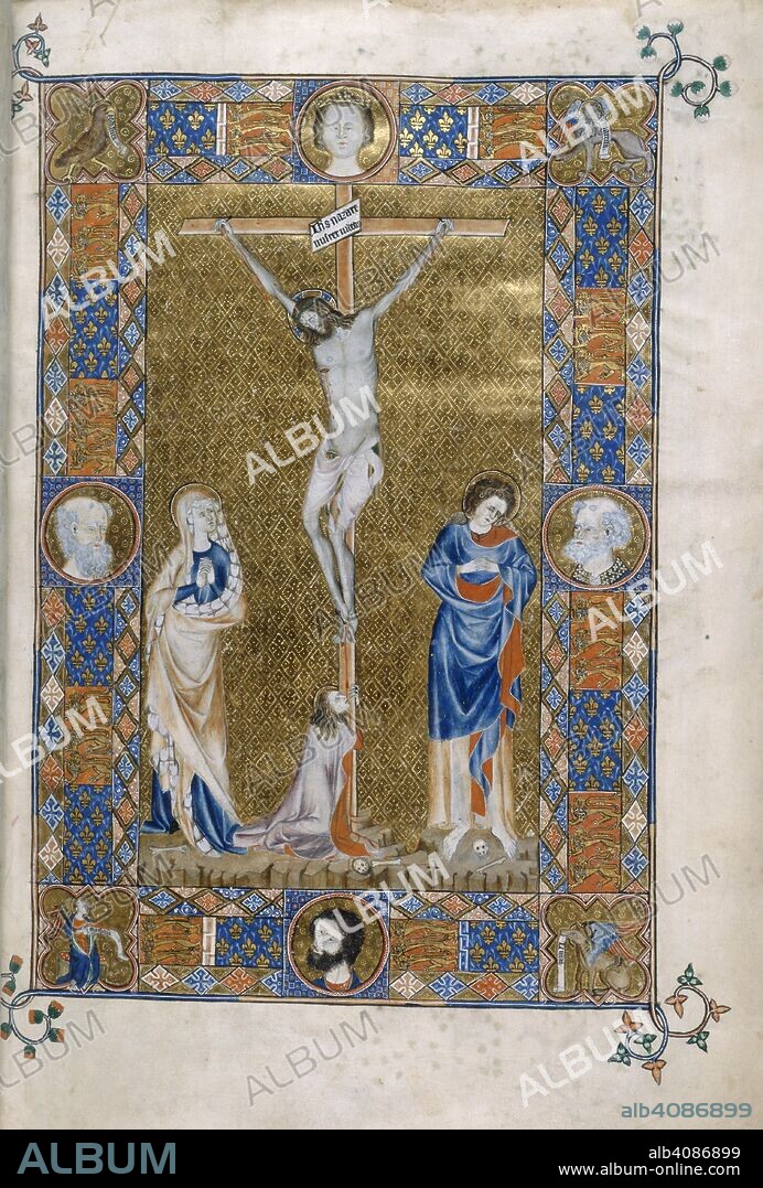 The Crucifixion. Gorleston Psalter. England [Gorleston, co. Suffolk]; 1310-1325. [Whole folio] Christ on the Cross, with the Virgin, Mary Magdalene. and St John. Decorated border of heraldic bands with the royal arms of England and France, roundels with heads of a king and three bearded men, and in the corners, quatrefoils with the evangelist symbols  Image taken from Gorleston Psalter.  Originally published/produced in England [Gorleston, co. Suffolk]; 1310-1325. . Source: Add. 49622, f.7. Language: Latin.