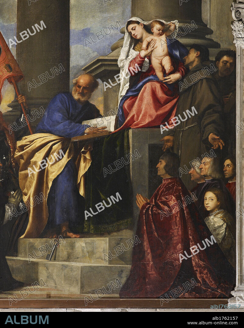 Pesaro Madonna (Pala Pesaro), by Tiziano Vecellio known as Titian, 1519-1526 about, 16th Century, oil on canvas, cm 478 x 266. Italy, Veneto, Venice, Santa Maria Gloriosa dei Frari Basilica. Detail. The Virgin and Child behind them two large columns. Before the Virgin, with an open book, St Peter, wearing a blue and yellow garment. Below around the throne of the Virgin group of figures. Members of the Pesaro family kneeling among them a child that looks towards the observer. In the background blue sky and white clouds (Photographic Campaign 2010).