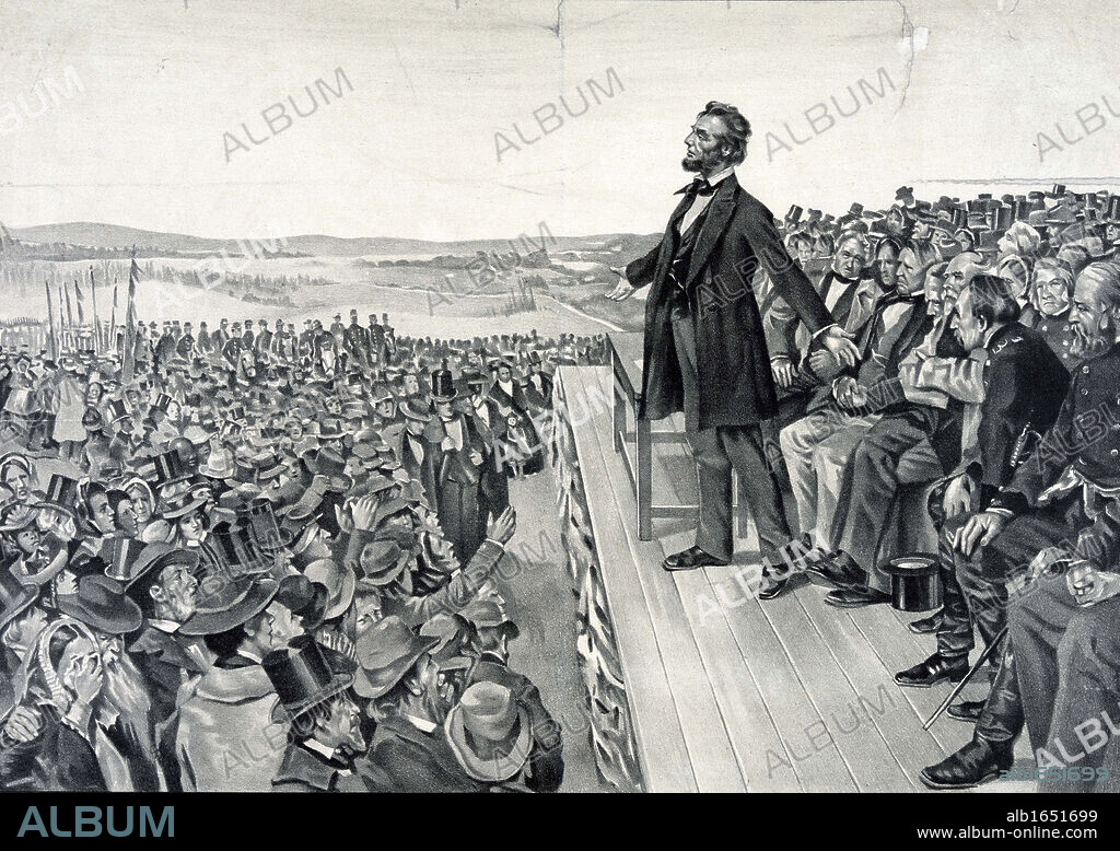 Abraham Lincoln making his famous address on 19 November 1863 at the dedication of the Soldiers' National Cemetery at Gettysburg on the site of the American Civil War battle with the greatest number of casualties.