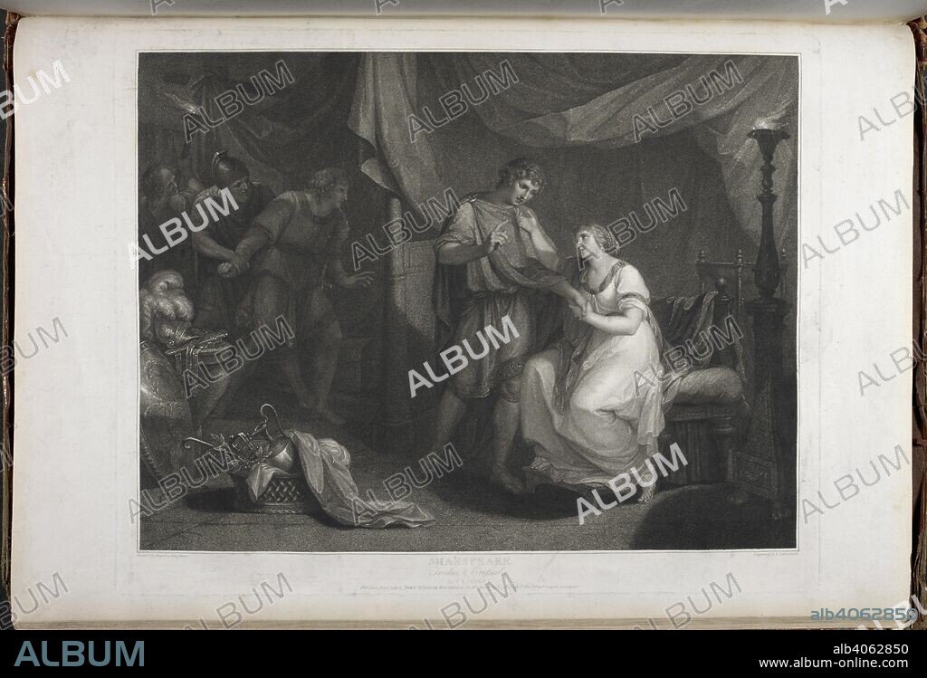 WILLIAM SHAKESPEARE. Troilus and Cressida act V scene II- Calchas' tent with Diomed and Cressida, Troilus, Ulysses and Thersiles. A Collection of Prints, from pictures painted for the purpose of illustrating the Dramatic Works of Shakspeare, by the Artists of Great Britain. London : J. & J. Boydell, 1803. Source: Tab.599.c vol. II, plate XXXV. Language: English.