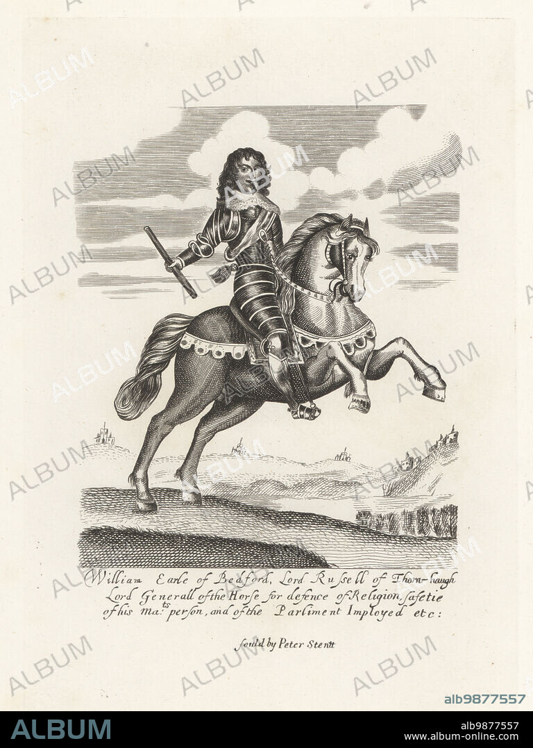 William Russell, 1st Duke of Bedford, 1616-1700, Nobleman who fought on both Royalist and Parliament sides of the English Civil War. Earl of Bedford, Lord Russell of Thornhaugh, Lord General of the Horse for the Defence of Religion. In armour on horseback with baton. From the unique equestrian plate in Earl Spencer's copy of Clarendon's History of the Rebellion, 1704, sold by Peter Stent, London printseller. Copperplate engraving from Samuel Woodburns Gallery of Rare Portraits Consisting of Original Plates, George Jones, 102 St Martins Lane, London, 1816.