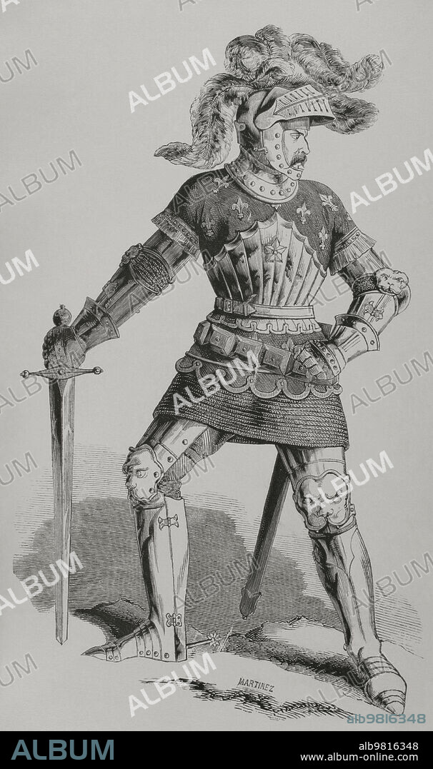 Pierre Terrail, seigneur de Bayard (1476-1524). French nobleman who took part as a knight in the Italian wars. Bayard gave rise to the legend of the "the knight without fear and beyond reproach". Portrait. Engraving by Martinez. "Los Héroes y las Grandezas de la Tierra". Volume V. 1855.