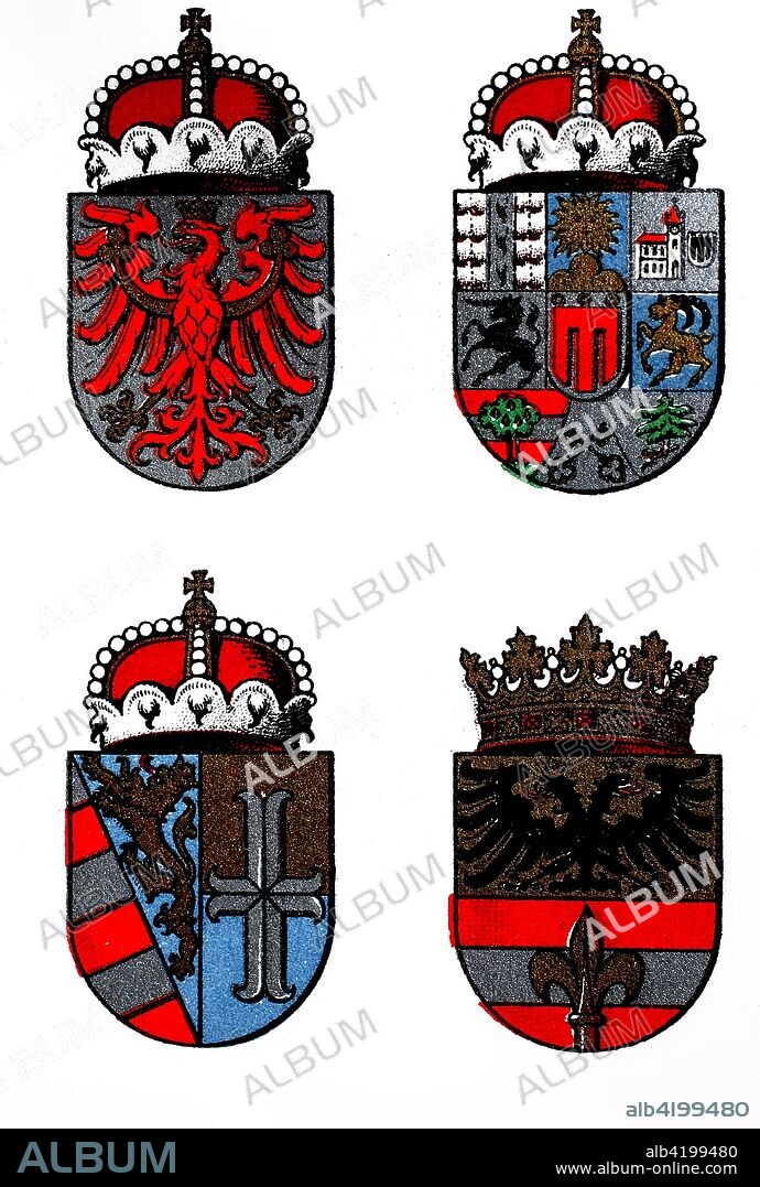 1890, coat of arms of the Austria - Hungary Crownlands: Tyrol, Vorarlberg, Princely County of Gorizia and Gradisca, Triest, digital improved reproduction of an original print from the 19th century.