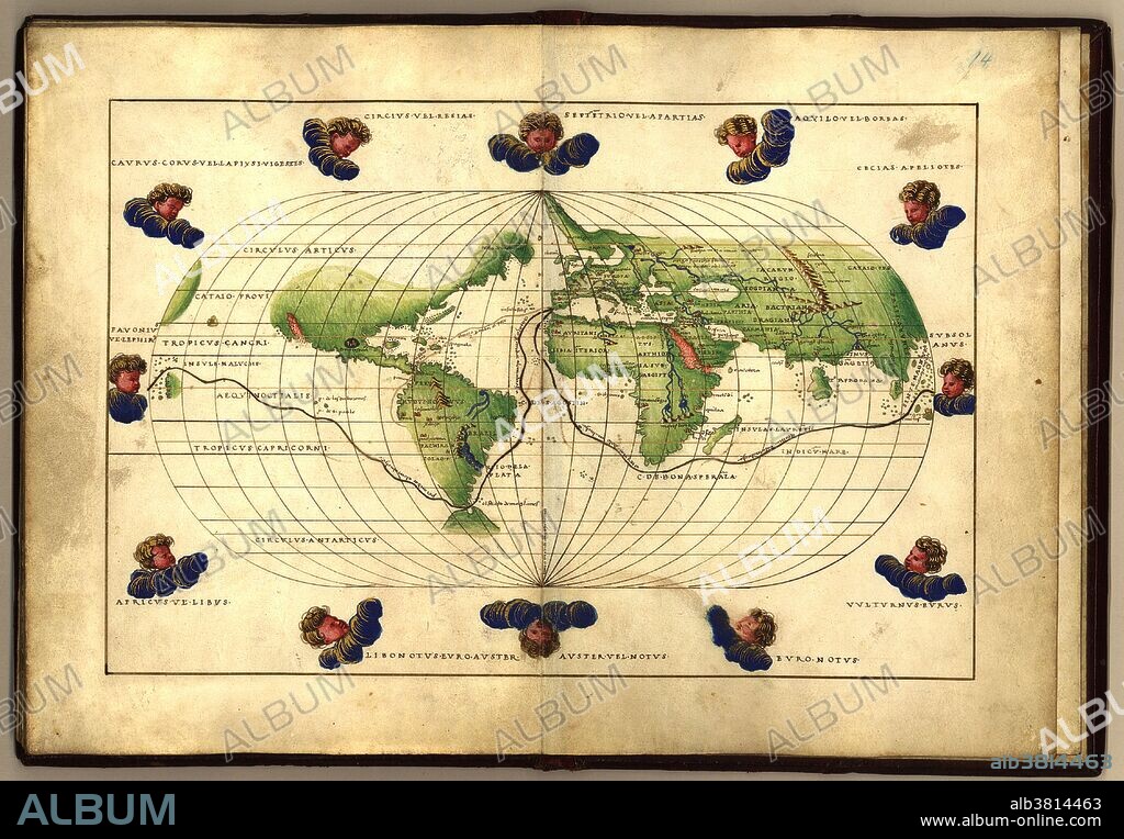 Magellan's route around the world, in a 1544 copy of the Agnese Atlas. Magellan's route is shown as a dark line. Ferdinand Magellan (c.1480-1521) set sail from Seville, Spain, in August 1519 with five ships. He sailed south and west around the tip of South America and then sailed for 100 days across the Pacific. Magellan died in the Philippines, and only a single ship completed the circumnavigation, returning to Spain in September 1522. The lighter line shows a route across the Atlantic from Spain to Central America and then to Peru. Twelve wind cherubs are also shown. This atlas was produced in Venice by Italian mapmaker Battista Agnese. The US Library of Congress acquired this edition in 1943.