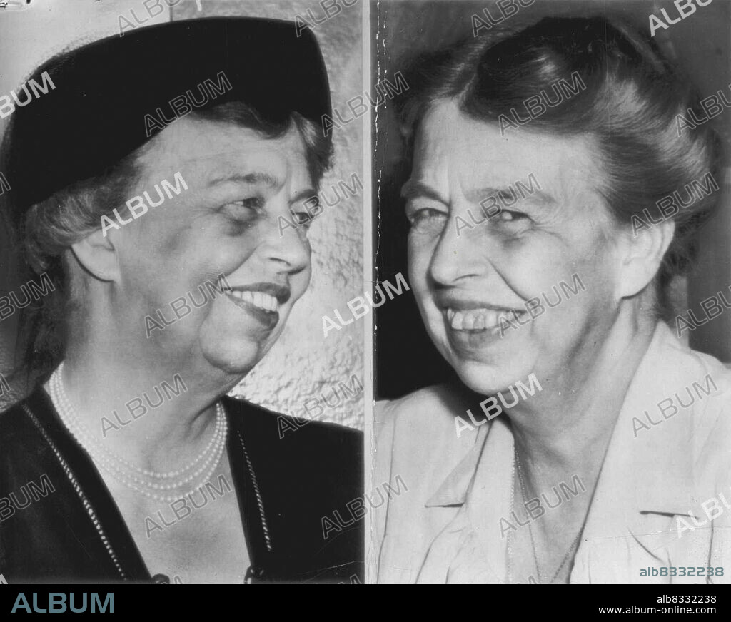 Replacements For Roosevelt Teeth Lost In Accident - Mrs. Eleanor Roosevelt (left) smiles and shows her two new upper front teeth here today. The teeth, to quote Mrs. Roosevelt, are "Two Lovely Porcelain ones, which will look much better than the rather protruding large teeth which most of the Roosevelts have." Mrs. Roosevelt smiles at right before she lost her teeth in Automobile accident on Aug. 14. November 7, 1954. (Photo by AP Wirephoto).