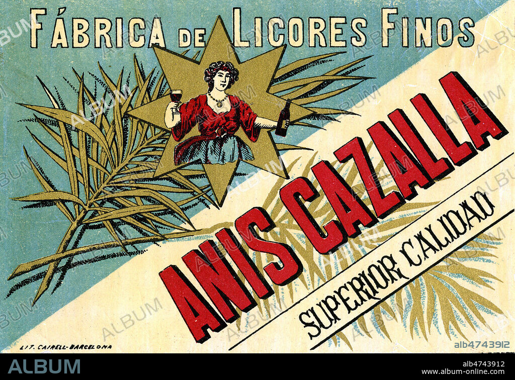 'Anis cazalla'. Illustration anonyme, vers 1900 pour une etiquette de bouteille d'anis. Credit : Collection IM/KHARBINE-TAPABOR.