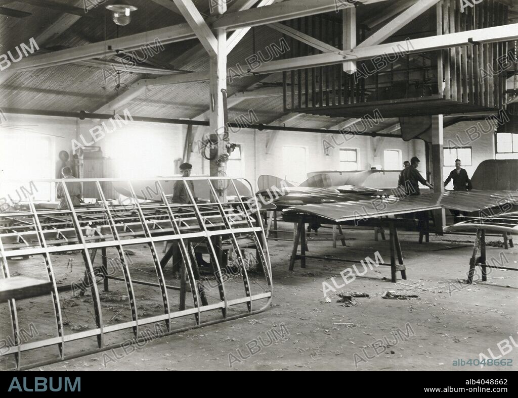 The wing workshop, Enoch Thulin's aircraft factory, Landskrona, Sweden, 1917. Swedish aviation pioneer Enoch Thulin began manufacturing aircraft in 1914. He was killed when one of his planes crashed with him at the controls on 19th May 1919. From the Landskrona Museum Collection.
