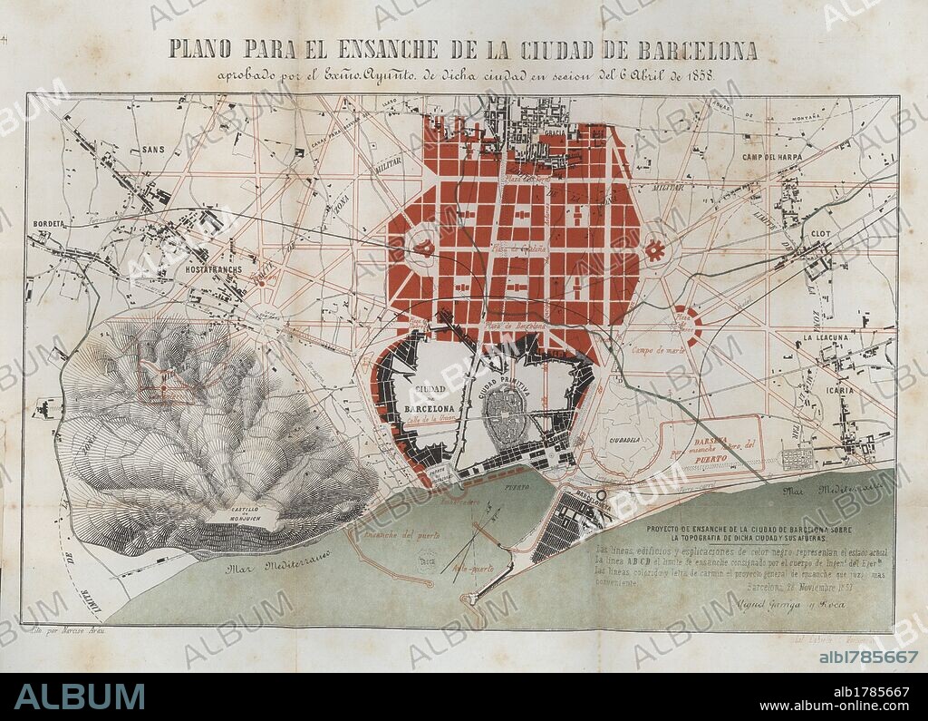 Cataluña. Siglo XIX. Plano para el ensanche de la ciudad de Barcelona, aprobado por el Ayuntamiento el 6 de abril de 1858, obra de Miquel Garriga y Roca (Alella, 1804-Barcelona, 1888).