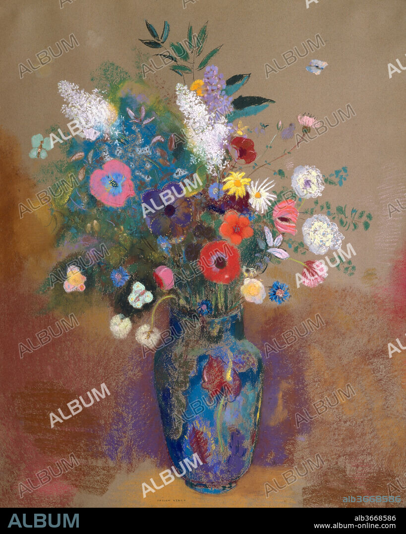 Bouquet of Flowers. Artist: Odilon Redon (French, Bordeaux 1840-1916 Paris). Dimensions: 31 5/8 x 25 1/4 in. (80.3 x 64.1 cm). Date: ca. 1900-1905.
As a young man, Redon was fascinated with Darwinian biology and enjoyed a close friendship with Armand Clavaud, the curator of the botanical gardens in his hometown of Bordeaux. In late floral still lifes such as this one, the artist demonstrated a naturalist's sense of wonder as well as a richly inventive imagination, combining many different types of blooms and foliage in an effervescent display, attended by fluttering butterflies. The vase, which appears in a number of Redon's flower pictures, was made and presented to him by the ceramicist Marie Botkin around 1900.