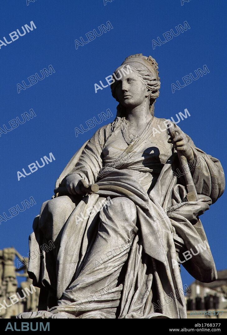 Fountain of Cibeles by Francisco Gutierrez (1727-1782) (the goddess and the chariot). According to the design of Ventura Rodri_guez (1717-1785). Detail of Cybele. Madrid. Spain.