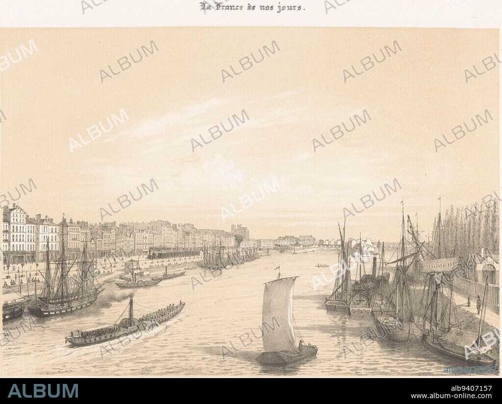 View of the Loire dock in Nantes Quai de la Fosse a Nantes Contemporary France La France de nos jours on object, print maker: Léon Auguste Asselineau, (mentioned on object), Léon Auguste Asselineau, (mentioned on object), printer: Destouches, (mentioned on object), print maker: Rouen, Rouen, printer: Paris, publisher: Paris, 1853 - 1856, paper, h 291 mm × w 434 mm.