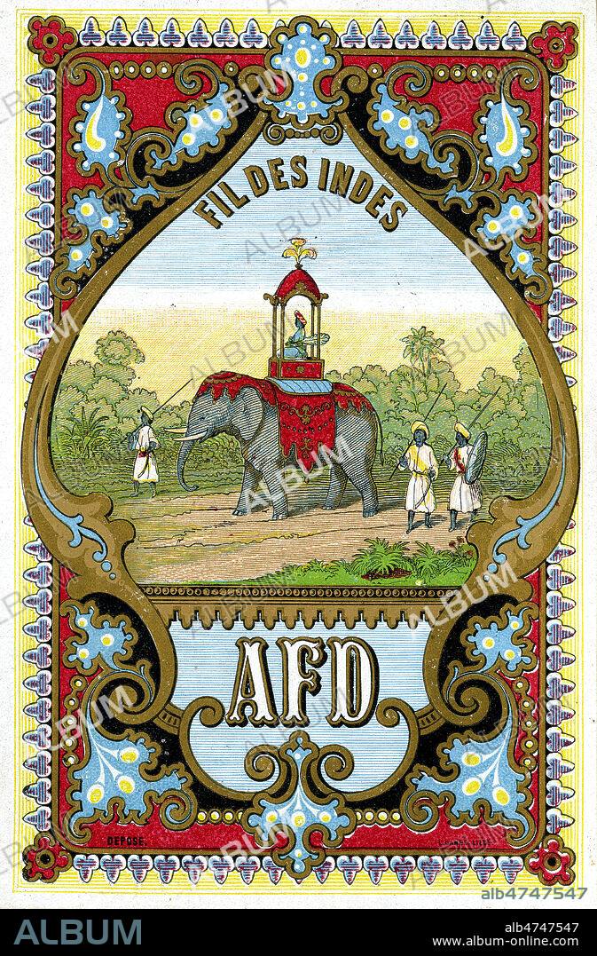 Fil des Indes. Illustration anonyme pour une etiquette de fil vers 1865. Credit : collection IM/KHARBINE-TAPABOR.