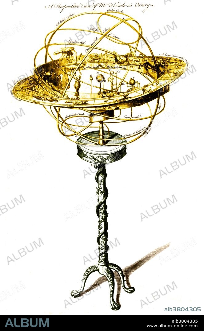 A perspective view of an orrery, a mechanical model showing the orbit of planets around the sun, 1775. An orrery is a mechanical model of the solar system that illustrates or predicts the relative positions and motions of the planets and moons, usually according to the heliocentric model. It may also represent the relative sizes of these bodies; but since accurate scaling is often not practical due to the actual large ratio differences, a subdued approximation may be used instead. Though the Greeks had working planetaria, the first orrery that was a planetarium of the modern era was produced in 1704, and one was presented to Charles Boyle, 4th Earl of Orrery. They are typically driven by a clockwork mechanism with a globe representing the Sun at the center, and with a planet at the end of each of the arms.