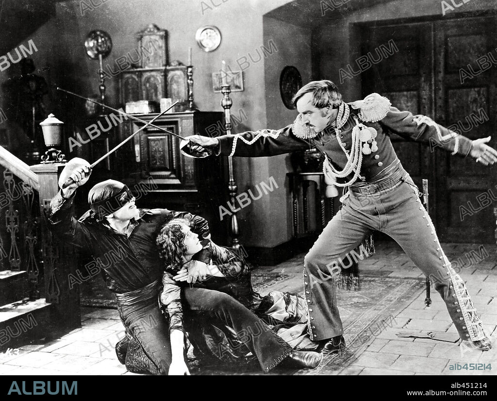 DOUGLAS FAIRBANKS, MARGUERITE DE LA MOTTE and NOAH BEERY in THE MARK OF ZORRO, 1920, directed by FRED NIBLO. Copyright UNITED ARTISTS.
