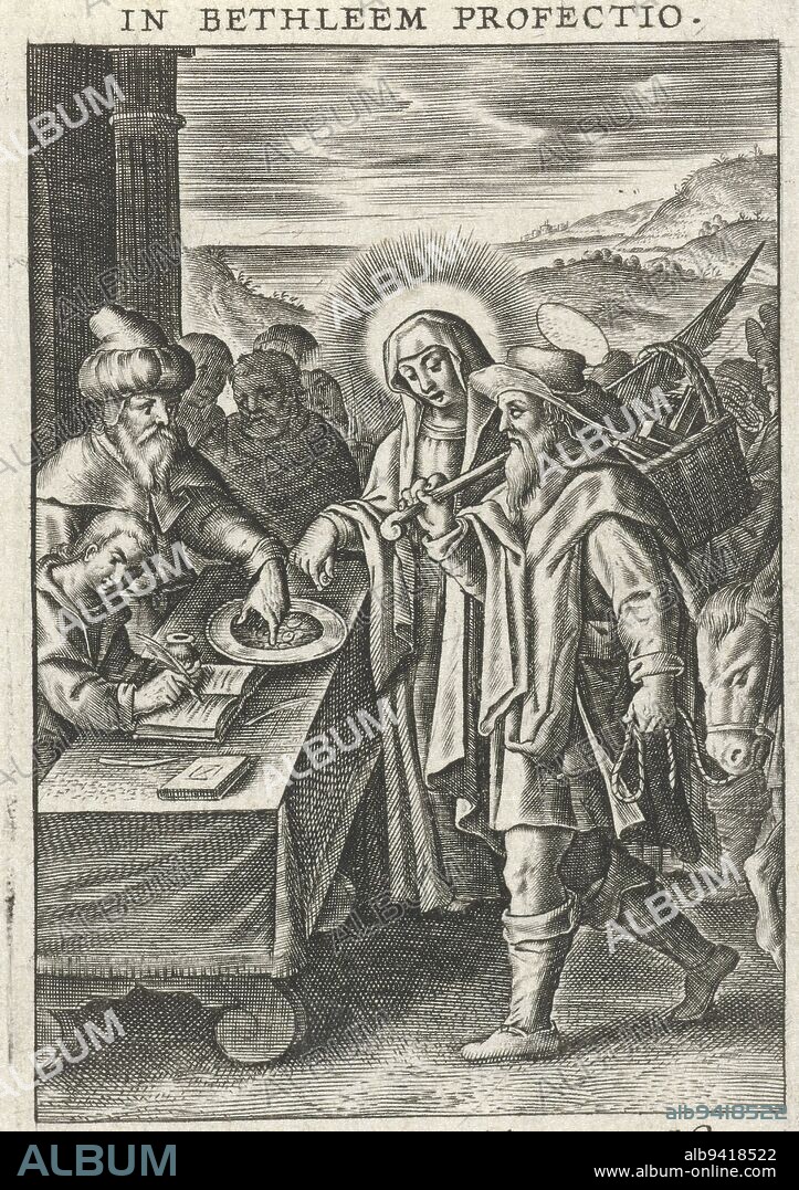 Mary and Joseph report for the census at Bethlehem. The print has a Latin caption and is part of a six-part series with scenes from the life of the Holy Family, Census at Bethlehem In Bethlehem profectio Scenes from the Life of the Holy Family , print maker: Theodoor Galle, (possibly), publisher: Theodoor Galle, (mentioned on object), Antwerp, 1581 - 1633, paper, engraving, w 54 mm × h 90 mm.