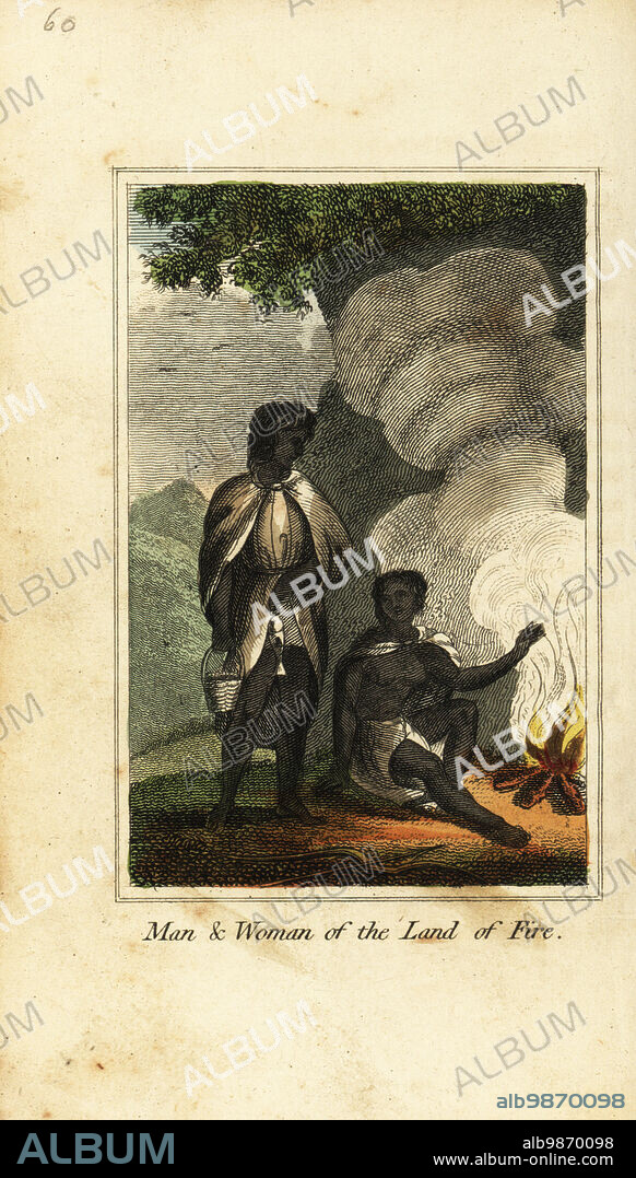 Man and woman of the Land of Fire or Tierra del Fugo, 1818. Yaghan people wearing sea-calf skin cloaks and woven skirts. Handcoloured copperplate engraving from Mary Anne Vennings A Geographical Present being Descriptions of the Principal Countries of the World, Darton, Harvey and Darton, London, 1818. Venning wrote educational books on geography, conchology and mineralogy in the early 19th century.