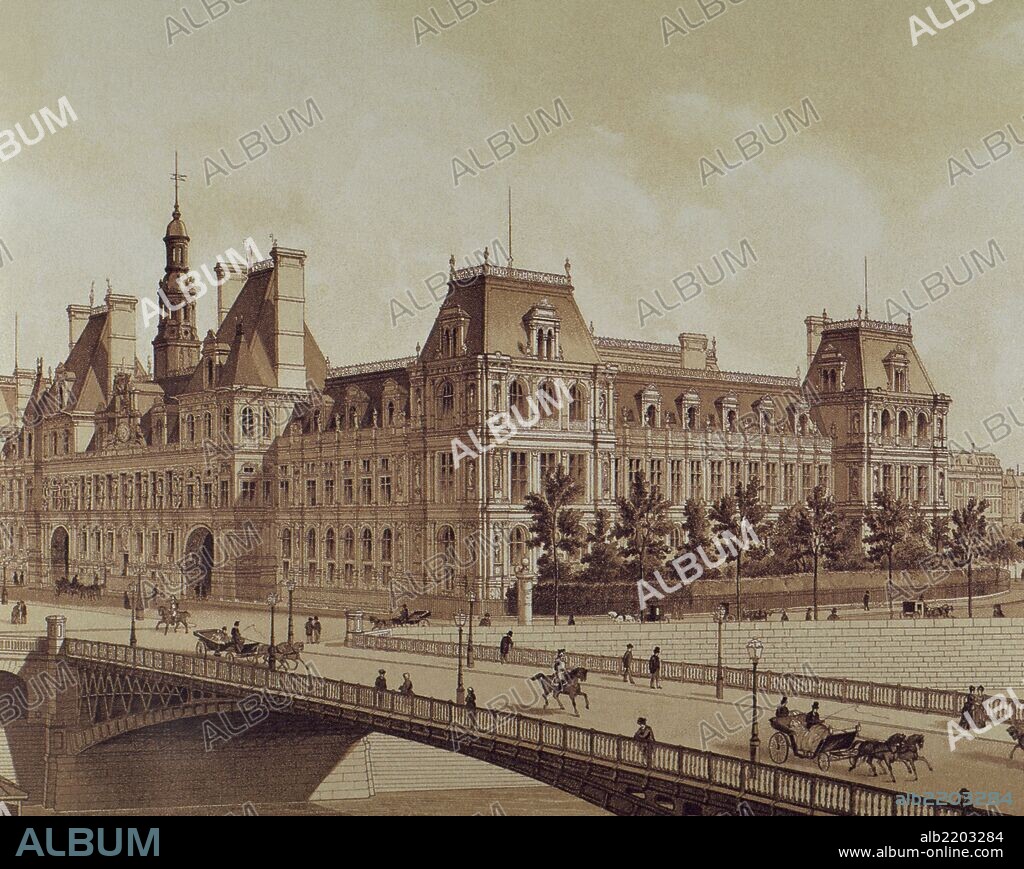 FRANCIA. PARIS. "HOTEL DE VILLE" o AYUNTAMIENTO de la ciudad. Litografía, año 1883.